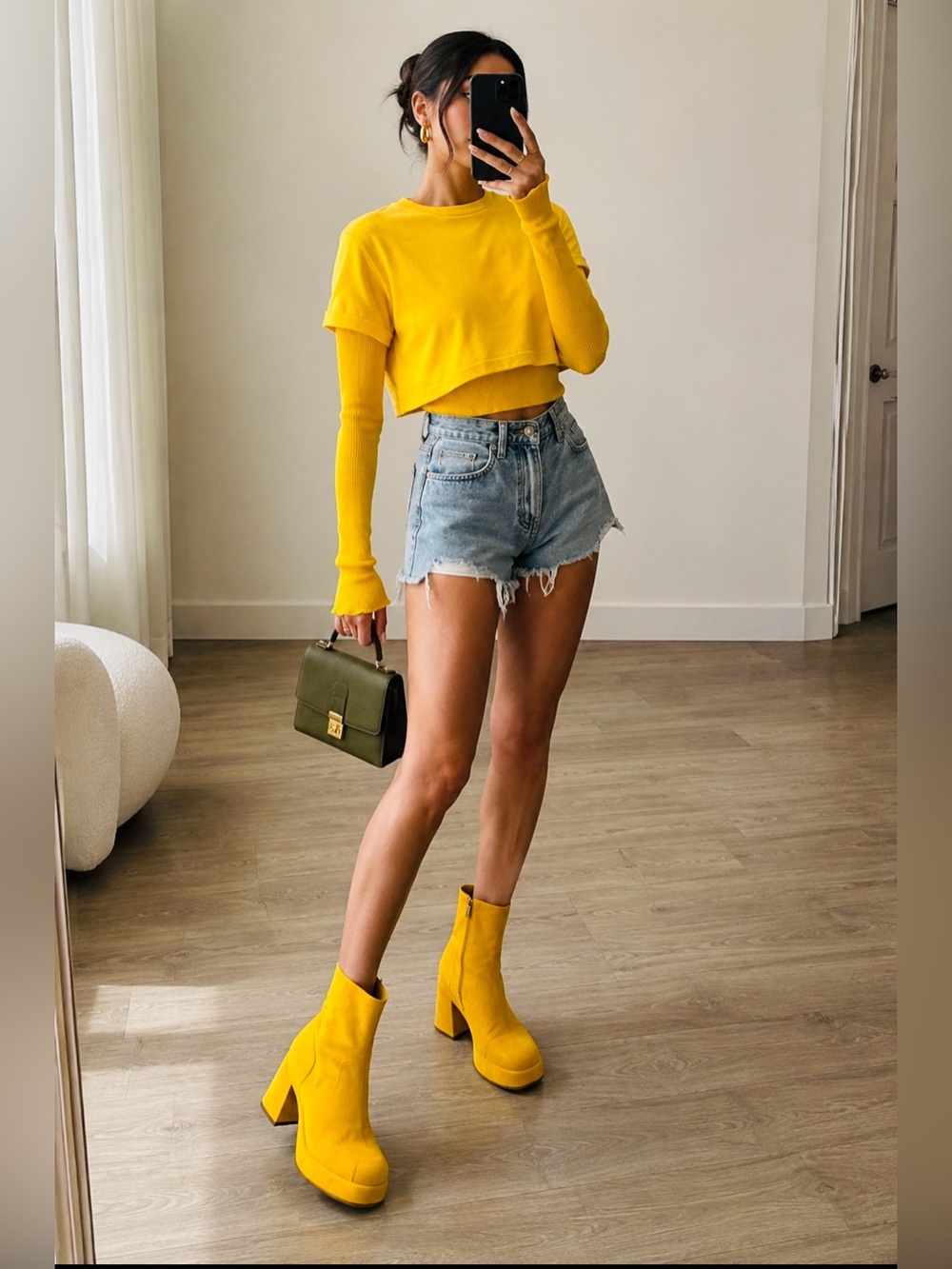 Unique Sunshine Yellow Knit Cropped  Top With Long-Sleeve Sweater.